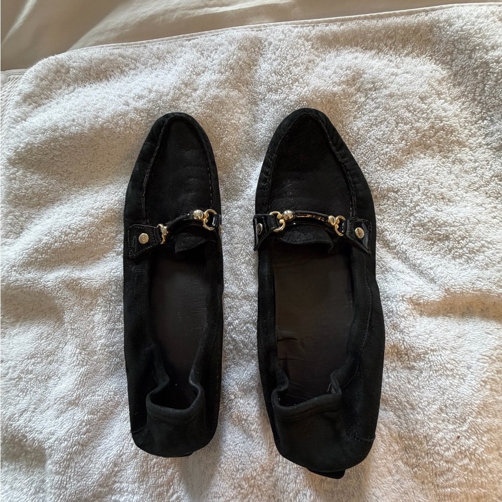 AGL Black Suede Loafers with Gold Accents